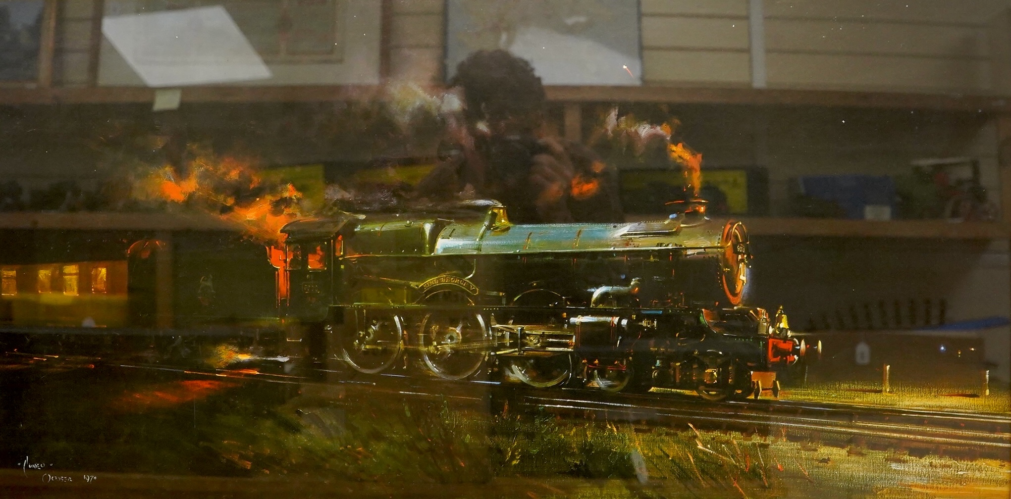 Terrence Cuneo, a signed framed railway print; ‘Night King’, of GWR King class 4-6-0 tender locomotive, King George V, running at night, signed in pencil with dedication within the margin, overall dimensions; 73.5 x 115.